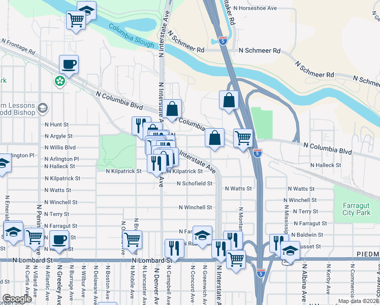 map of restaurants, bars, coffee shops, grocery stores, and more near 8360 North Interstate Avenue in Portland