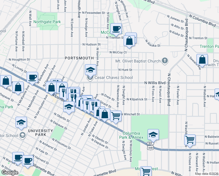 map of restaurants, bars, coffee shops, grocery stores, and more near 8247 North Fiske Avenue in Portland
