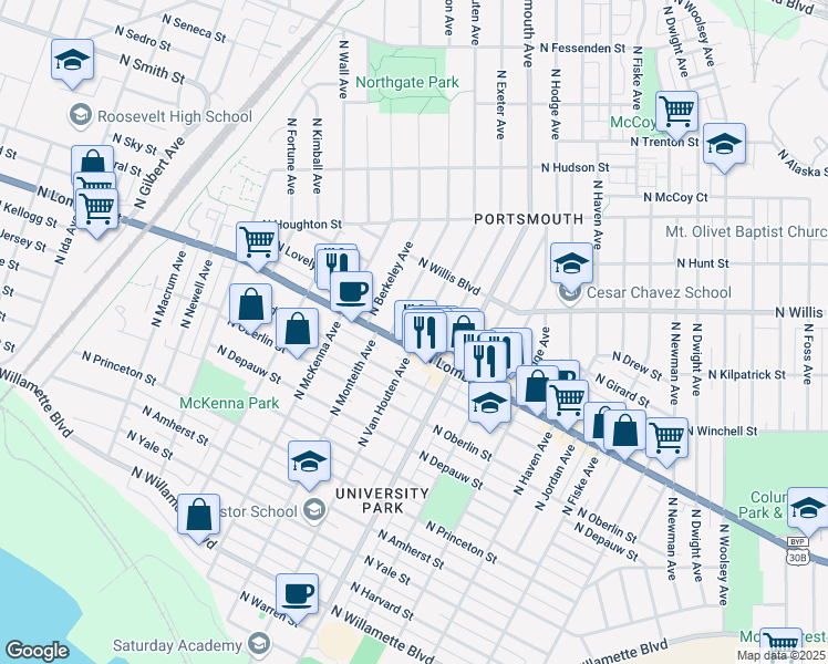 map of restaurants, bars, coffee shops, grocery stores, and more near 7527 North Van Houten Avenue in Portland