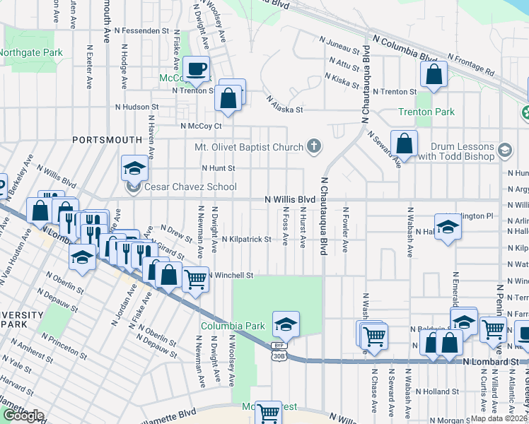 map of restaurants, bars, coffee shops, grocery stores, and more near 8315 North Wayland Avenue in Portland