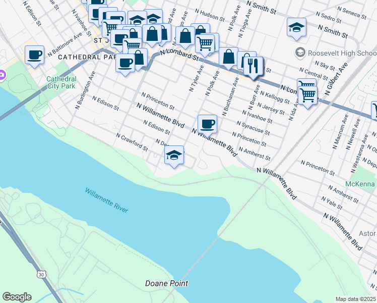 map of restaurants, bars, coffee shops, grocery stores, and more near 7635 North Decatur Street in Portland