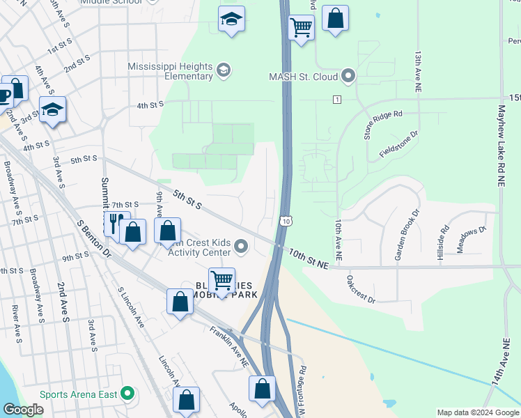 map of restaurants, bars, coffee shops, grocery stores, and more near 471 13th Avenue South in Sauk Rapids
