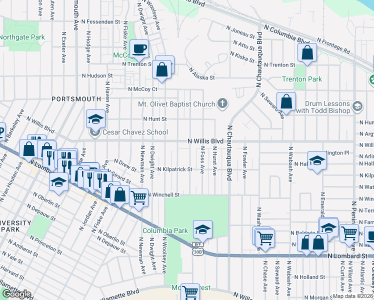 map of restaurants, bars, coffee shops, grocery stores, and more near 8315 North Wayland Avenue in Portland
