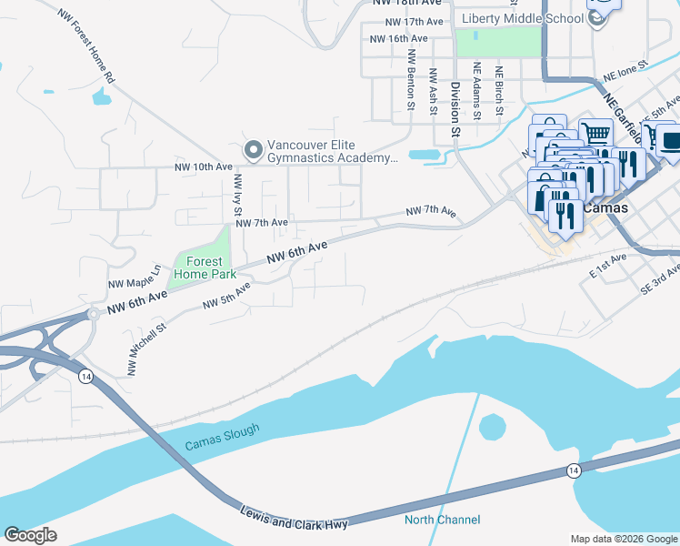 map of restaurants, bars, coffee shops, grocery stores, and more near 527 Northwest Elm Street in Camas