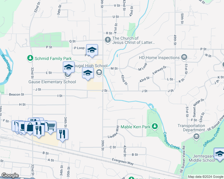 map of restaurants, bars, coffee shops, grocery stores, and more near 1001 40th Street in Washougal
