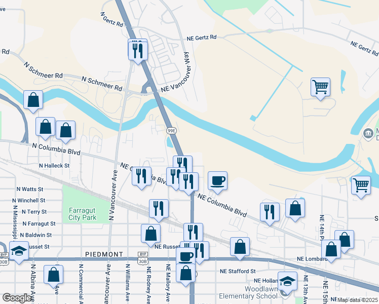 map of restaurants, bars, coffee shops, grocery stores, and more near 8250 Northeast Martin Luther King Junior Boulevard in Portland