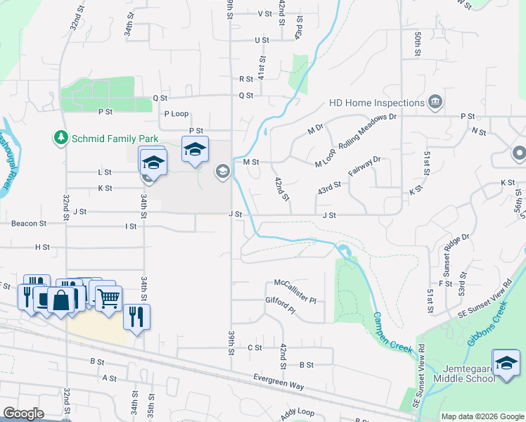 map of restaurants, bars, coffee shops, grocery stores, and more near 1002 40th Street in Washougal