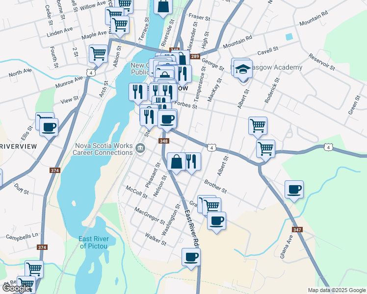 map of restaurants, bars, coffee shops, grocery stores, and more near Temperance Street in New Glasgow