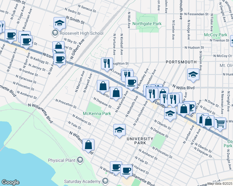 map of restaurants, bars, coffee shops, grocery stores, and more near 6026 North Bowdoin Street in Portland