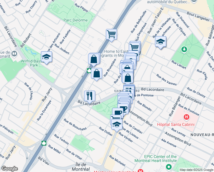 map of restaurants, bars, coffee shops, grocery stores, and more near 7630 Rue du Mans in Montréal