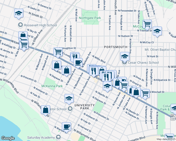 map of restaurants, bars, coffee shops, grocery stores, and more near 5531 North Lombard Street in Portland