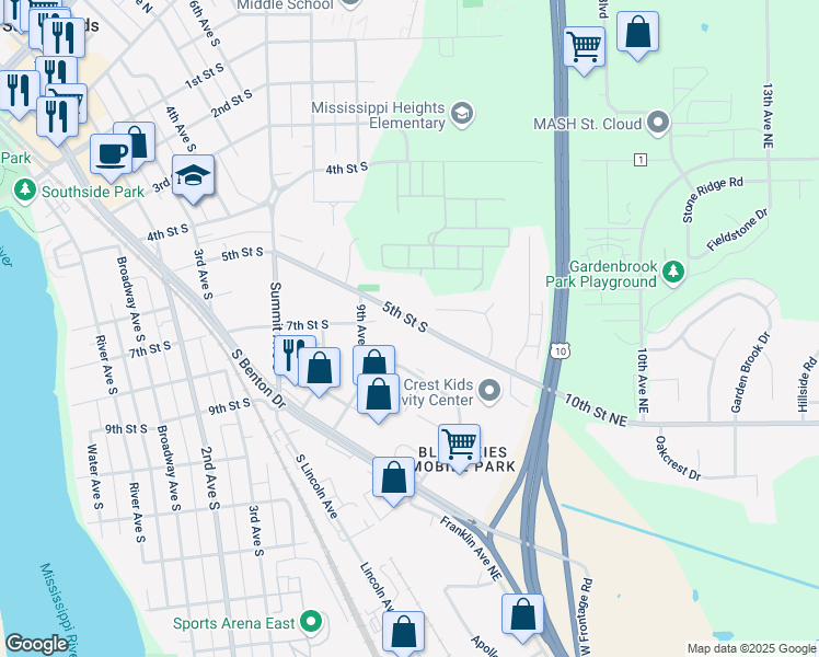 map of restaurants, bars, coffee shops, grocery stores, and more near 930 5th Street South in Sauk Rapids