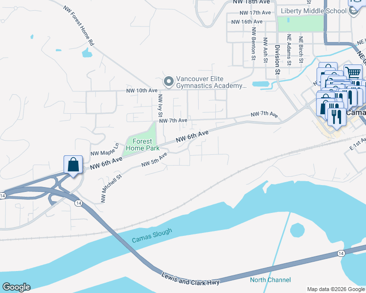 map of restaurants, bars, coffee shops, grocery stores, and more near 820 Northwest 5th Circle in Camas