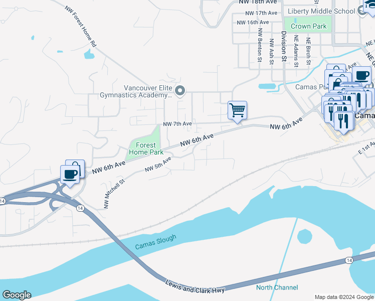 map of restaurants, bars, coffee shops, grocery stores, and more near 820 Northwest 5th Circle in Camas