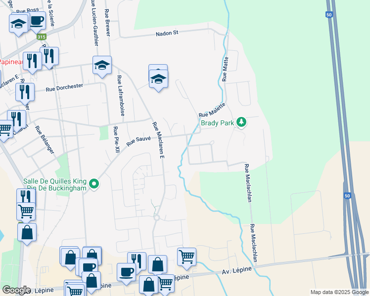 map of restaurants, bars, coffee shops, grocery stores, and more near 159 Rue Maclachlan in Gatineau