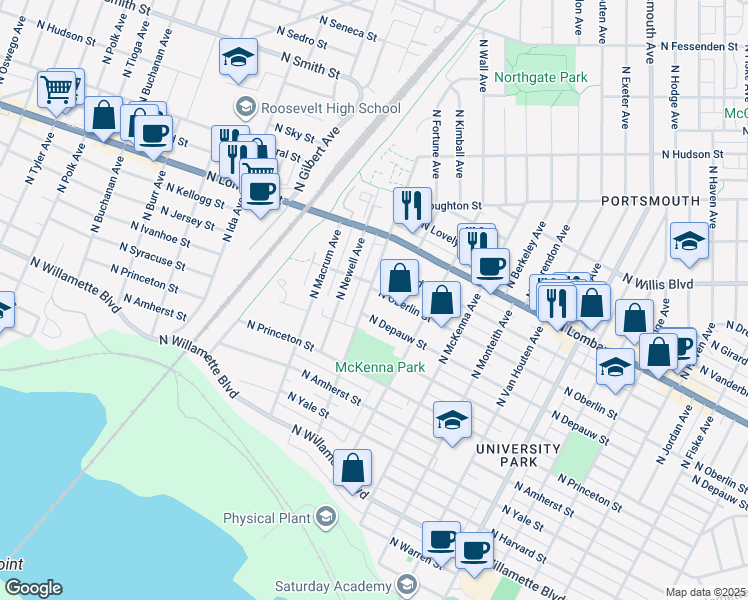map of restaurants, bars, coffee shops, grocery stores, and more near 7322 North Westanna Avenue in Portland