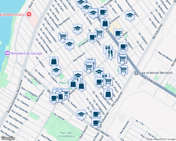 map of restaurants, bars, coffee shops, grocery stores, and more near 3685 Rue Fleury East in Montreal