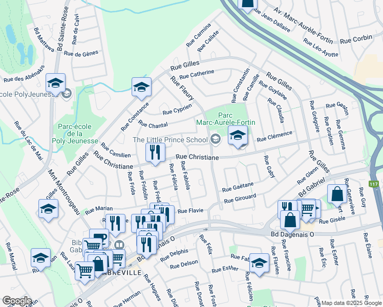 map of restaurants, bars, coffee shops, grocery stores, and more near 3333 Rue Christiane in Laval