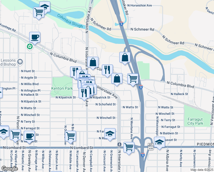 map of restaurants, bars, coffee shops, grocery stores, and more near 1610 North Willis Boulevard in Portland