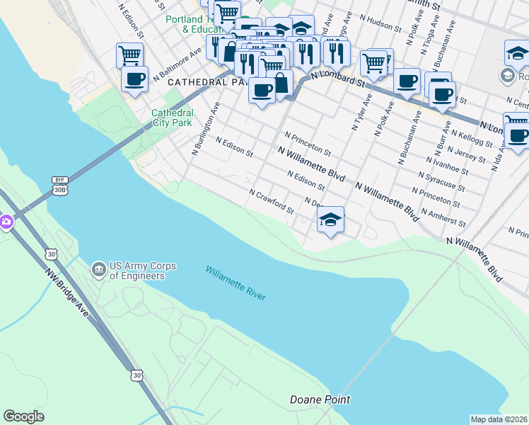 map of restaurants, bars, coffee shops, grocery stores, and more near 7926 North Crawford Street in Portland