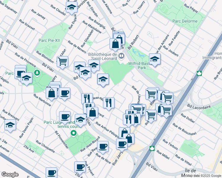 map of restaurants, bars, coffee shops, grocery stores, and more near Rue des Galets & Rue de Domrémy in Montréal