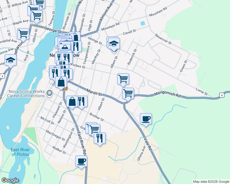 map of restaurants, bars, coffee shops, grocery stores, and more near 390 Marsh Street in New Glasgow