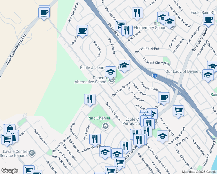 map of restaurants, bars, coffee shops, grocery stores, and more near 1120 Rue Victor-Morin in Laval