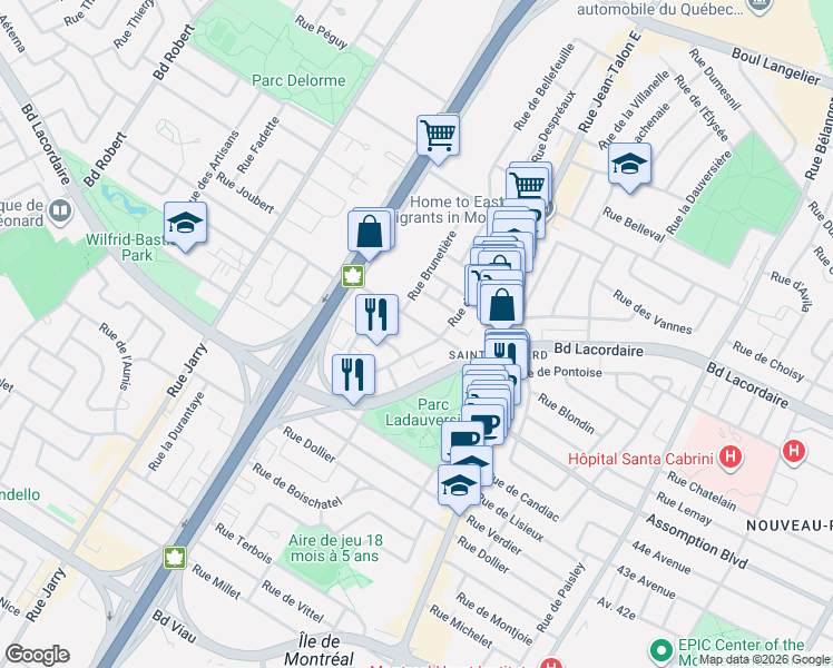 map of restaurants, bars, coffee shops, grocery stores, and more near 7640 Rue du Mans in Montréal