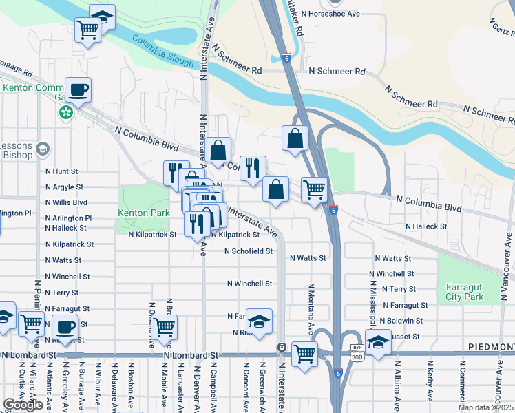 map of restaurants, bars, coffee shops, grocery stores, and more near 1610 North Willis Boulevard in Portland