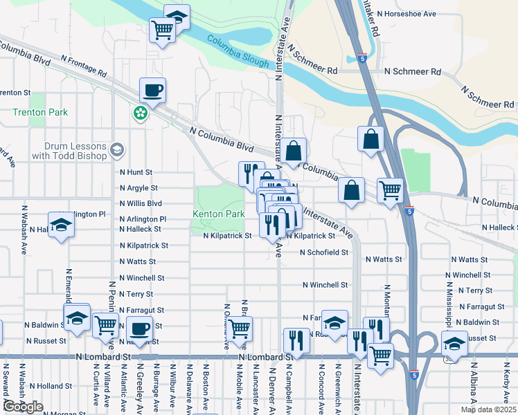 map of restaurants, bars, coffee shops, grocery stores, and more near 2104 North Willis Boulevard in Portland