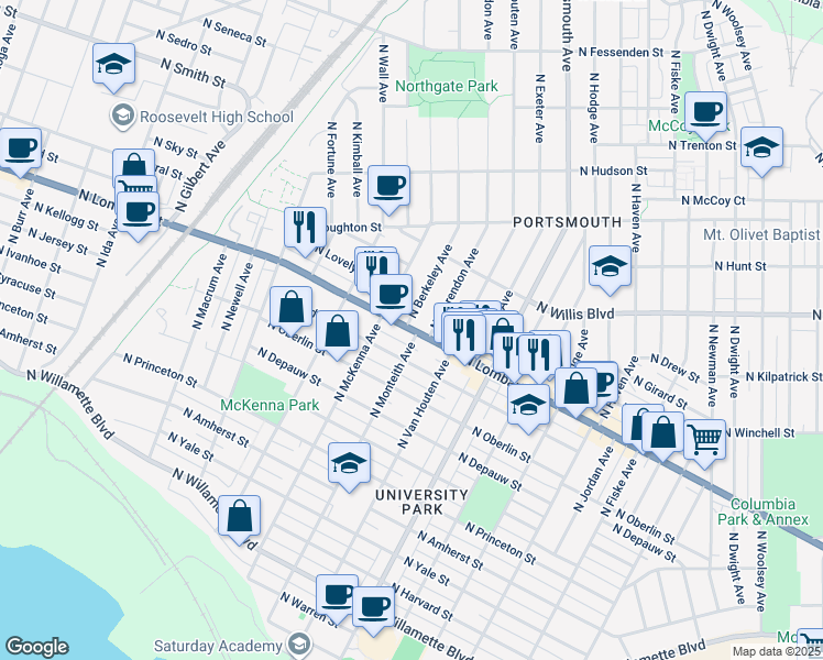 map of restaurants, bars, coffee shops, grocery stores, and more near in Portland