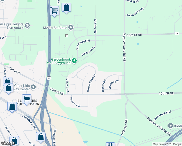 map of restaurants, bars, coffee shops, grocery stores, and more near 1109 Garden Brook Drive in Sauk Rapids