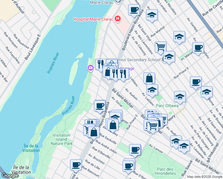 map of restaurants, bars, coffee shops, grocery stores, and more near 123 Rue Rachel Est in Montréal