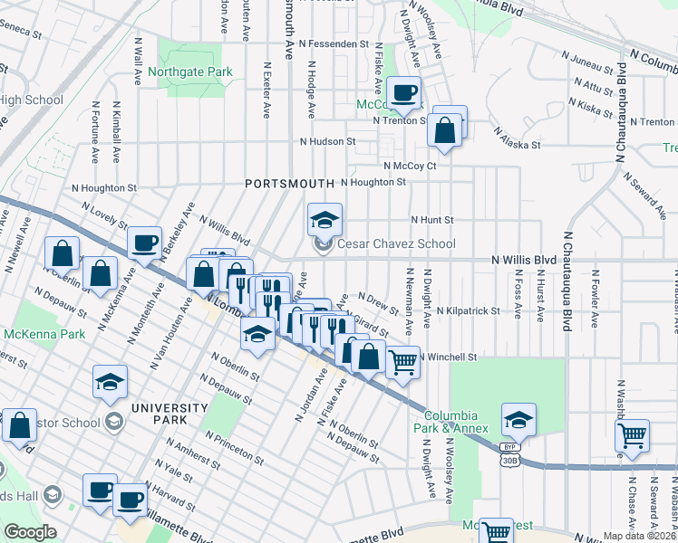 map of restaurants, bars, coffee shops, grocery stores, and more near 8155 North Haven Avenue in Portland