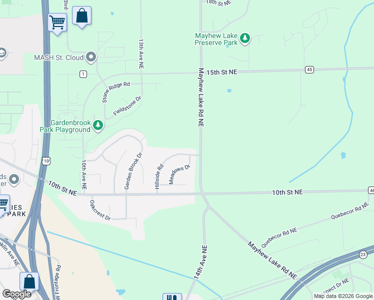 map of restaurants, bars, coffee shops, grocery stores, and more near 1207 Hillside Road in Sauk Rapids
