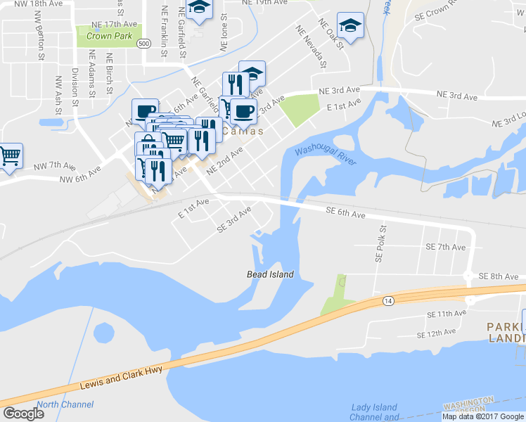 map of restaurants, bars, coffee shops, grocery stores, and more near 325 Southeast Franklin Street in Camas