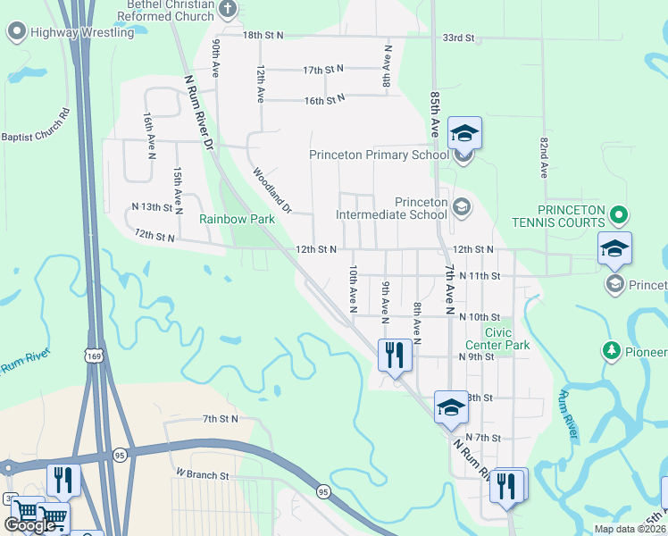 map of restaurants, bars, coffee shops, grocery stores, and more near 1015 10th Avenue North in Princeton