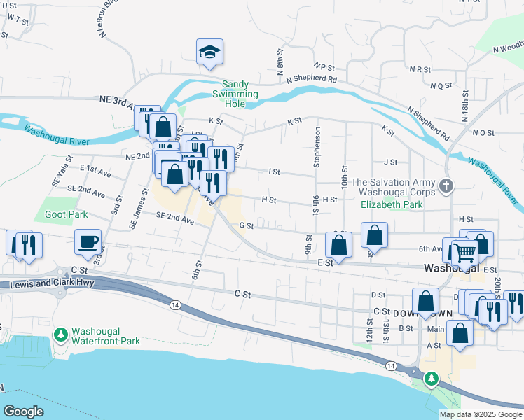 map of restaurants, bars, coffee shops, grocery stores, and more near 732 H Street in Washougal