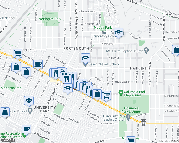 map of restaurants, bars, coffee shops, grocery stores, and more near 8155 North Haven Avenue in Portland