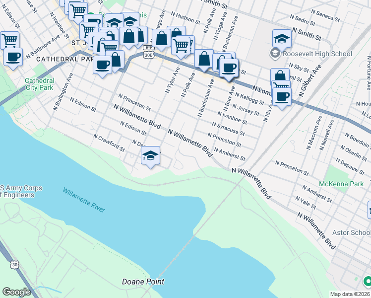 map of restaurants, bars, coffee shops, grocery stores, and more near 6901 North Buchanan Avenue in Portland