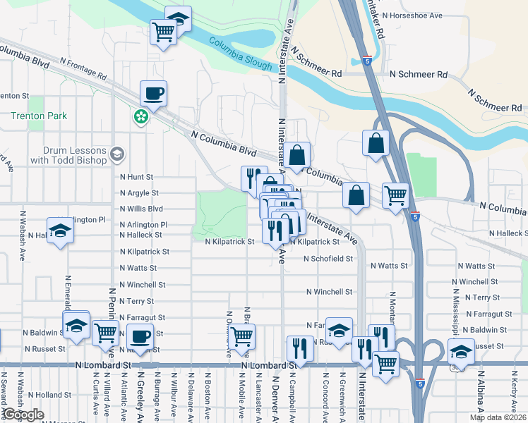 map of restaurants, bars, coffee shops, grocery stores, and more near 2044 North Willis Boulevard in Portland