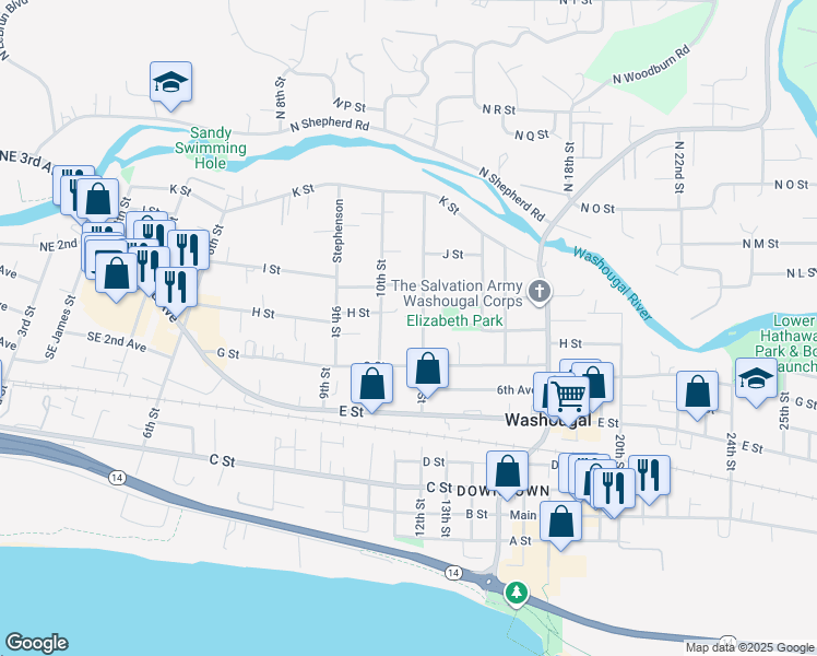 map of restaurants, bars, coffee shops, grocery stores, and more near 835 12th Street in Washougal