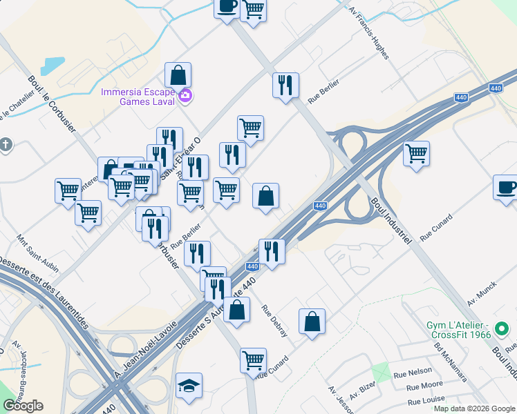 map of restaurants, bars, coffee shops, grocery stores, and more near in Laval