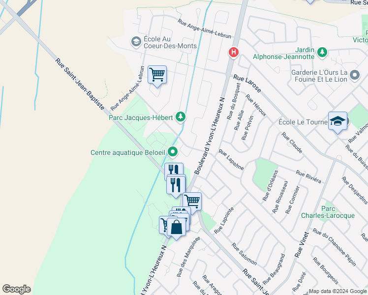 map of restaurants, bars, coffee shops, grocery stores, and more near 870 Rue Lucien-Huot in Beloeil
