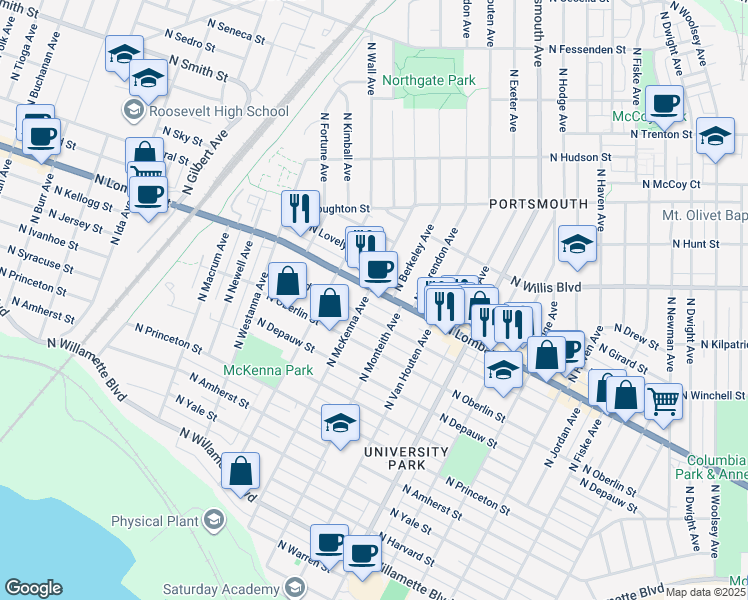 map of restaurants, bars, coffee shops, grocery stores, and more near 7456 North McKenna Avenue in Portland