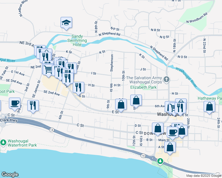 map of restaurants, bars, coffee shops, grocery stores, and more near 769 9th Street in Washougal