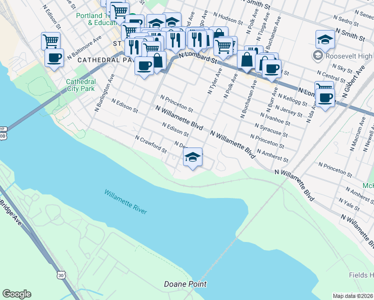 map of restaurants, bars, coffee shops, grocery stores, and more near 7734 North Decatur Street in Portland