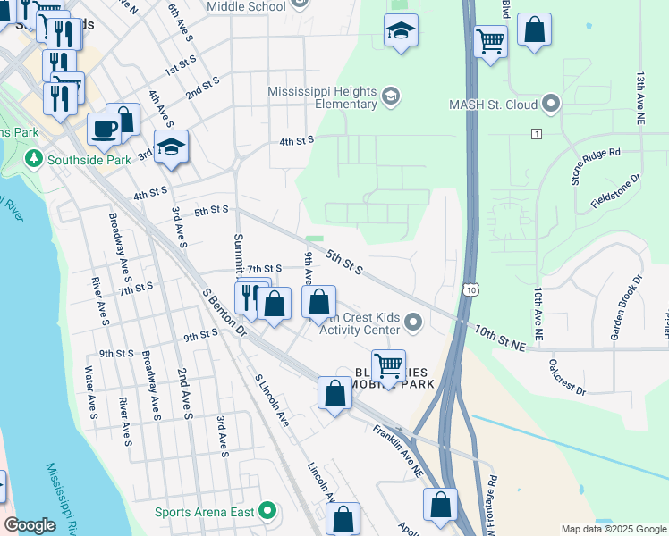 map of restaurants, bars, coffee shops, grocery stores, and more near 930 5th Street South in Sauk Rapids