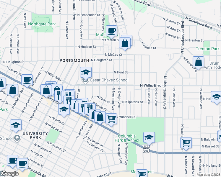 map of restaurants, bars, coffee shops, grocery stores, and more near 8247 North Fiske Avenue in Portland