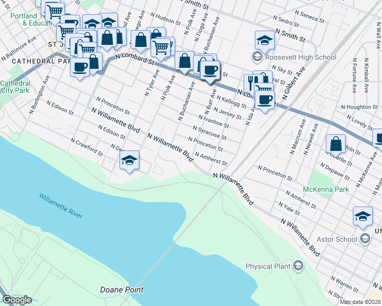 map of restaurants, bars, coffee shops, grocery stores, and more near 6945 North Burr Avenue in Portland
